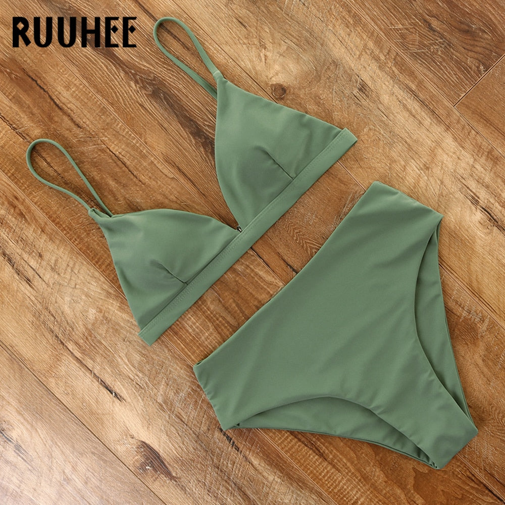 RUUHEE 2024 Bikini Swimwear Swimsuit Women Solid Bathing Suit Green Neno Bikini Set With Pad Female High Waist Beachwear Biquini B3393AG