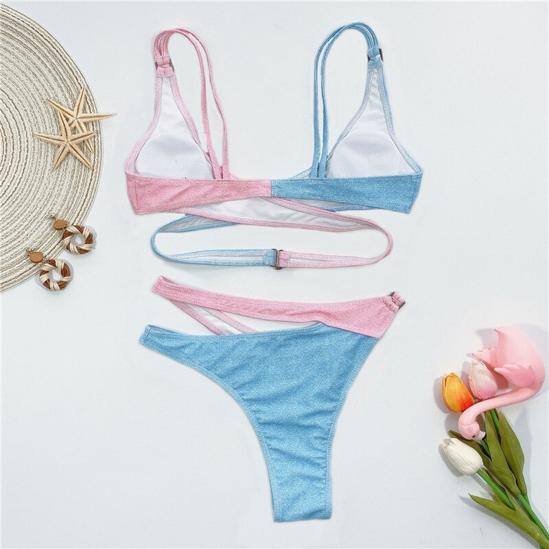 Sexy Pink Swimwear Cross Bandage Bikini - Swimsuit Female Push Up Bikini Set Biquini Bathing Suit Swim Wear