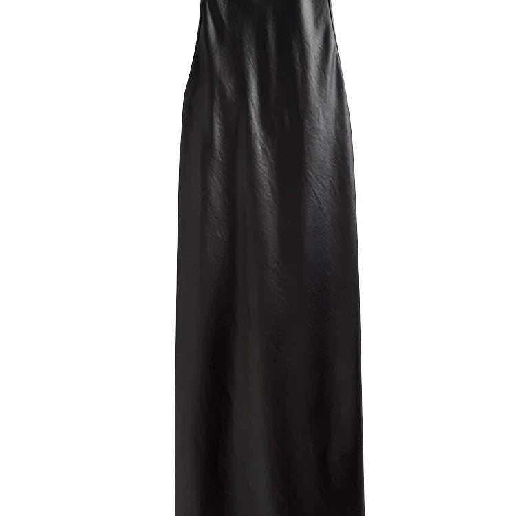 Spring Black Extra Long Faux Leather Tank Dress Autumn Elegant Stylish Backless Maxi Dresses for Women Clothing 2021