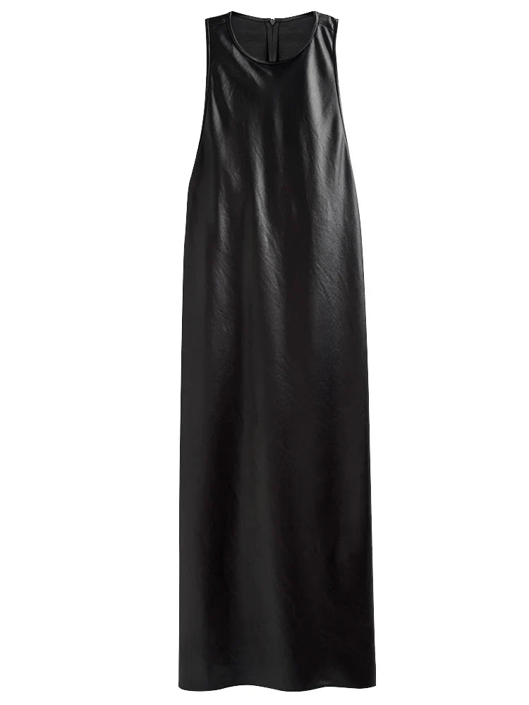 Spring Black Extra Long Faux Leather Tank Dress Autumn Elegant Stylish Backless Maxi Dresses for Women Clothing 2021