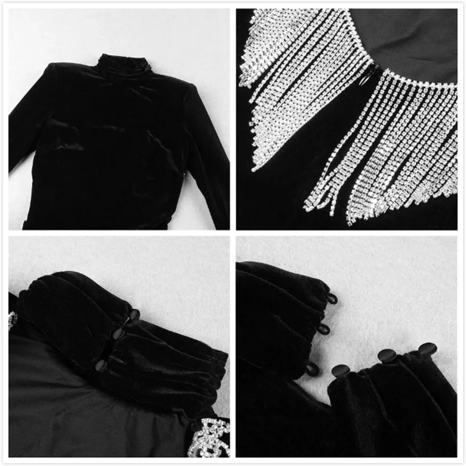 2024 Black Green Sexy Fashion Backless Diamonds Tassel Rayon Velvet Dress Evening Party Dresses Vestidos