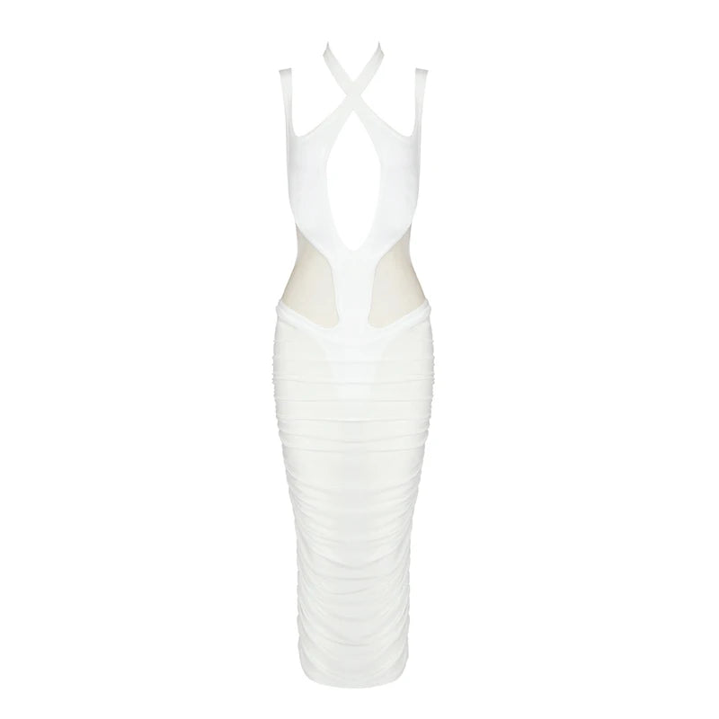 Women Mid-length Dress Cross Hollow Design Sleeveless Halter Neck Draped Mesh Stitching Bandage WHITE
