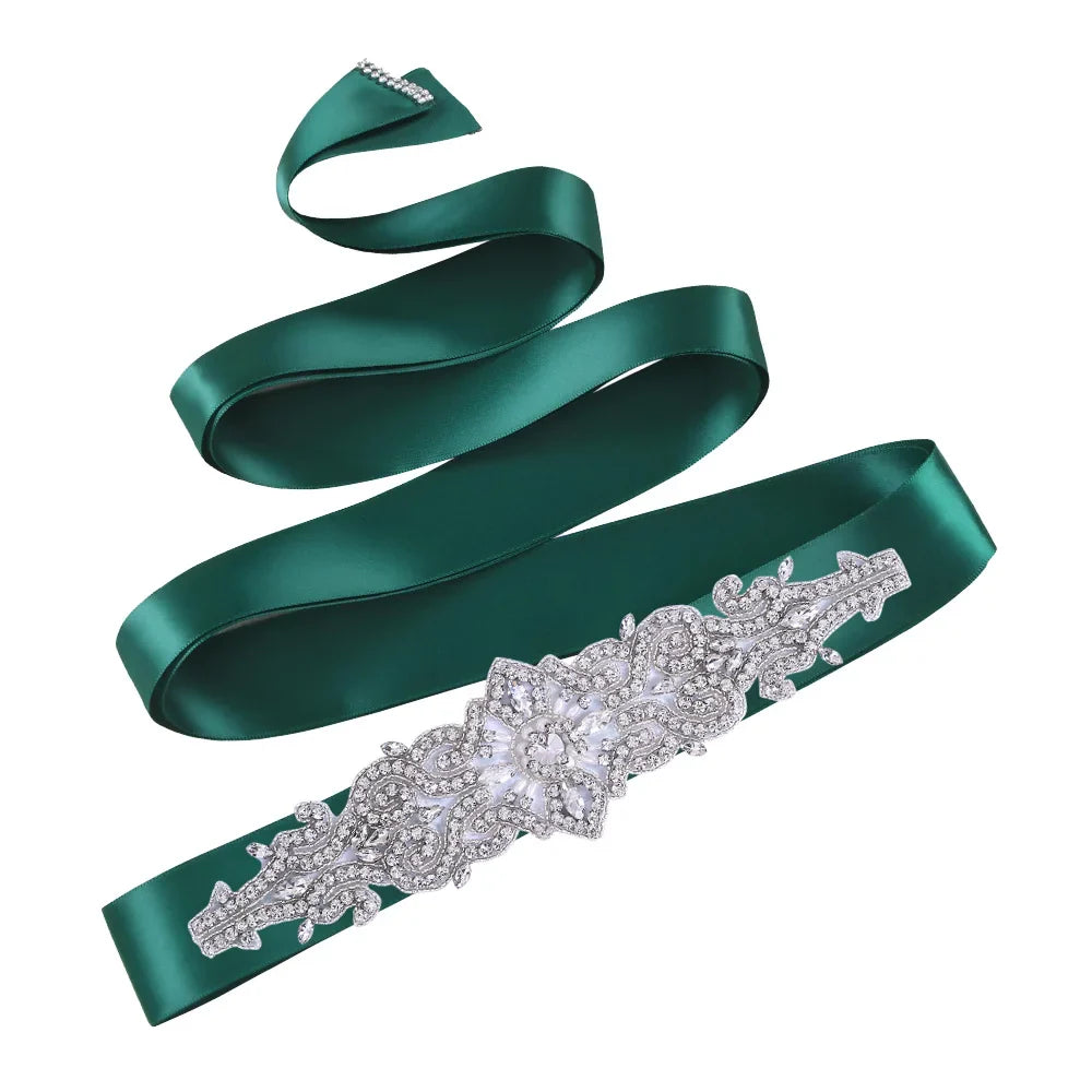 TOPQUEEN S26 Luxury Rhinestones Wedding Dresses Belt Women Crystal Applique Decoration Sparkly for Bride Waistband Bridal Sash Dark Green ribbon