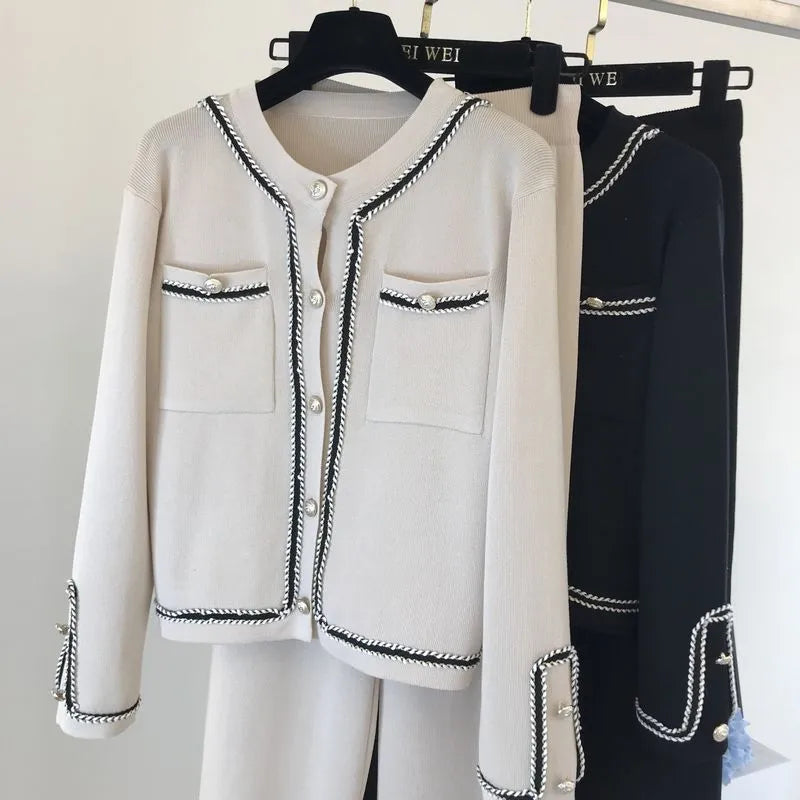 Runway Fall Korean Women's Double Pocket Stripe Desgin Knitted Cardigan Top Coat + High Waist Wide Leg Pants Two Piece Set