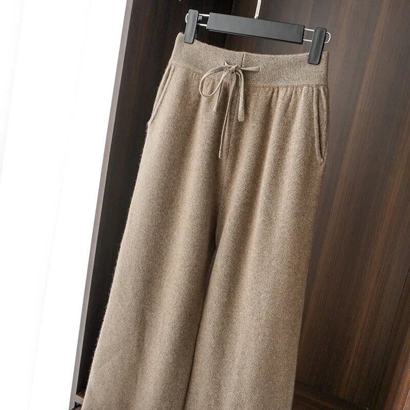 Women Pants 100% Australian Wool Knitted Wide Leg Pant 2021 Winter New Fashion Warm Long Trousers Pure Woolen Female Leggings Dark camel