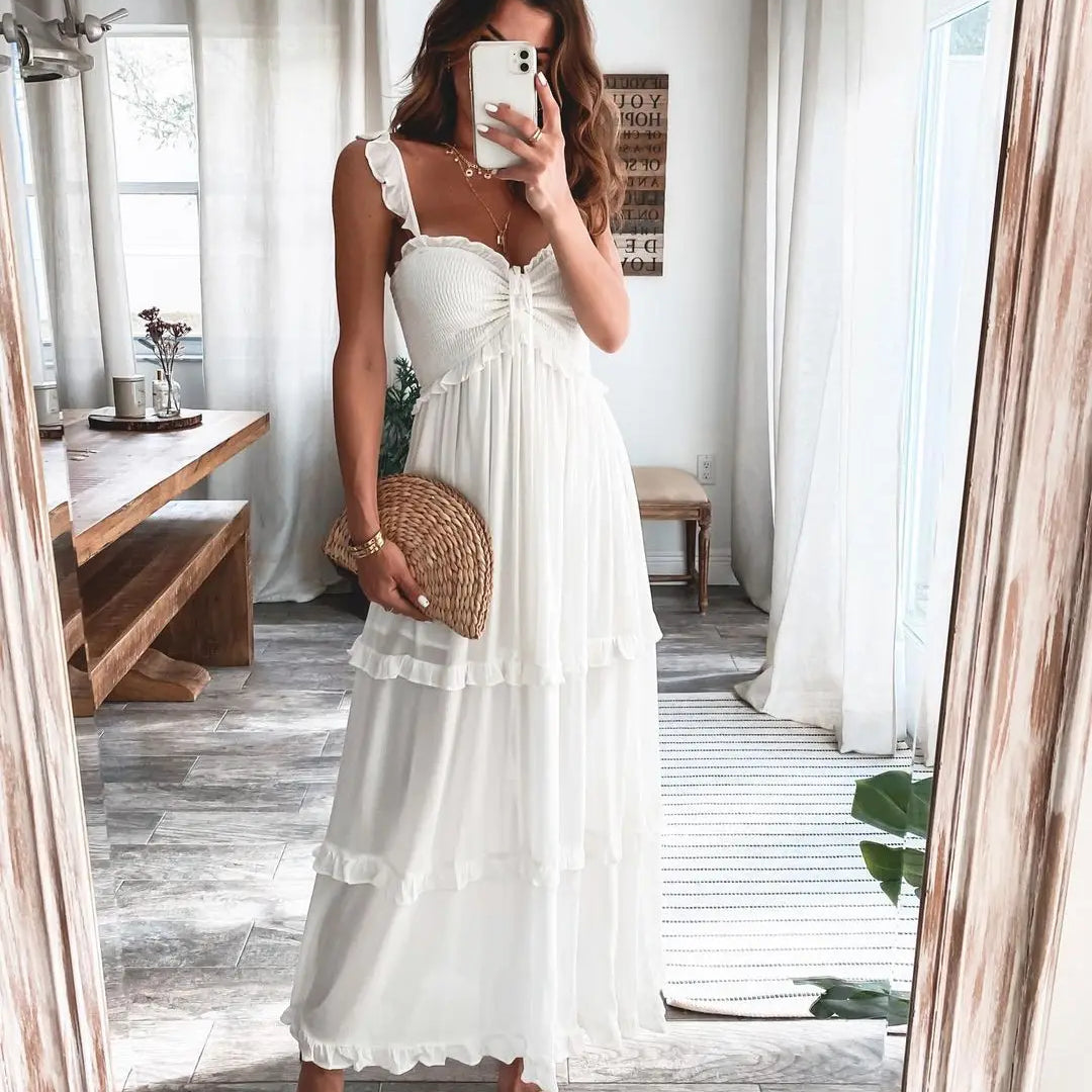 Summer Solid Tunic Women Maxi Dress V Neck Female Elegant Ruffles Party Long Dresses Beach Spaghetti Strap Casual Sundress