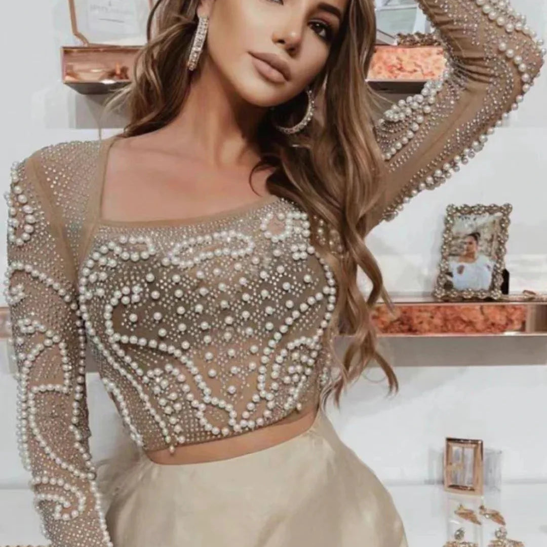 Top Celebrity Black White Two Pieces Set Pearl Beading Hollow Out Rayon Bandage Dress Party Fashion Dress Vestidos