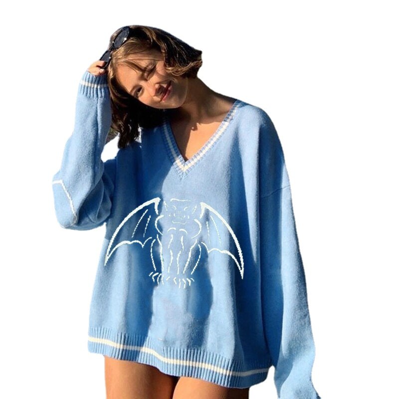 Y2K Oversized Sweater Pullover Ladies Casual Loose Printed Knitted Sweater Retro College Style Halloween Street Fall Winter 2021 20540 blue