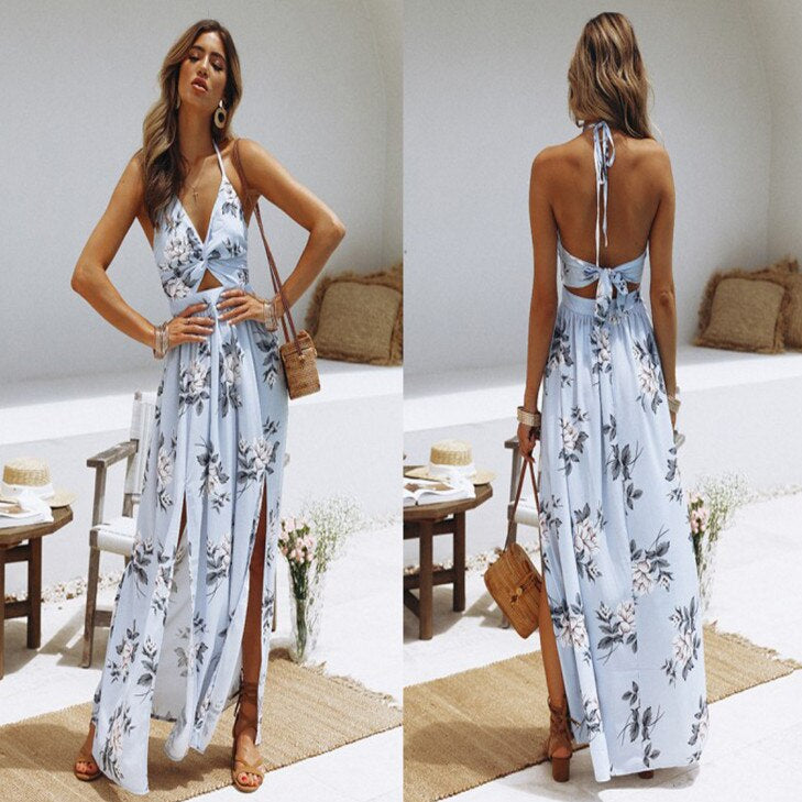 Women Summer Long Dress Bohemian Beach Dress Summer Floral Halter Dress Dresses Woman Party Night Sky blue