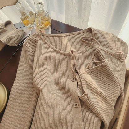 Stripped Knitted Cardigan Two 2 Piece Set Women Korean Spring Autumn Woman Outfits Cardigans Womens Tops And Blouses Sets