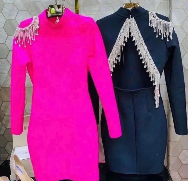 Red Black Sexy Fashion Sparkly Backless Diamonds Tassel Rayon Bandage Dress Cocktail Party Dress Vestidos