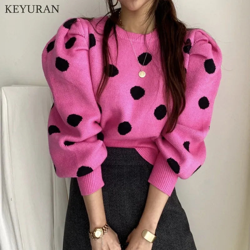 Korean Chic Puff Sleeve Sweater Women Stylish Autumn Winter Polka Dot Pullover Sweater Women's Knitwear Jumper Tops Lady