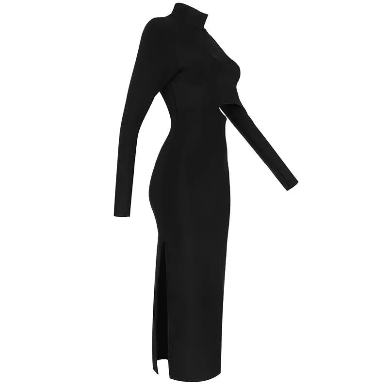 Women's New Slim Elegant Wrap Long Sleeve Hollow Out Sexy Casual High Split High Street Party Club Mid-Calf Dress