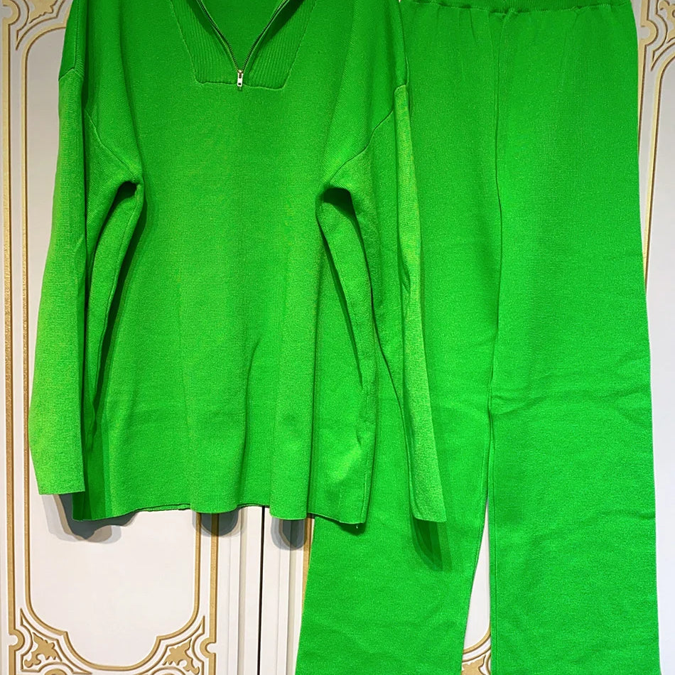 2024 Casual Autumn Loose Knit Sweater Set Fashion Zip Lapel Long Sleeve Pullover Sweater & Straight Pants Two-piece Set army green