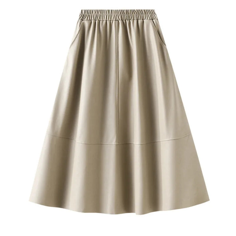 Neophil Korean Style Latex Sarong Women Winter Skirts Solid Retro Pu Faux Leather Umbrella Pockets Gray Midi Skirt S211101