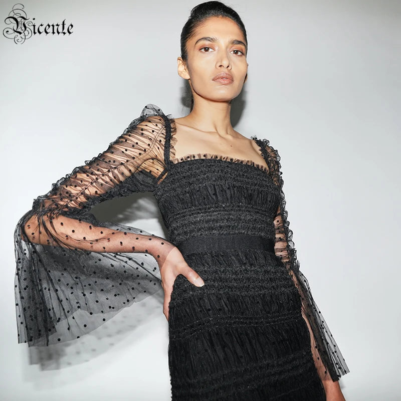 Dress Women Polka Dot Draped Mesh Sequined Mesh Long-sleeved Square Neck Halter Black Mid-length Bandage Midi Dress Gown