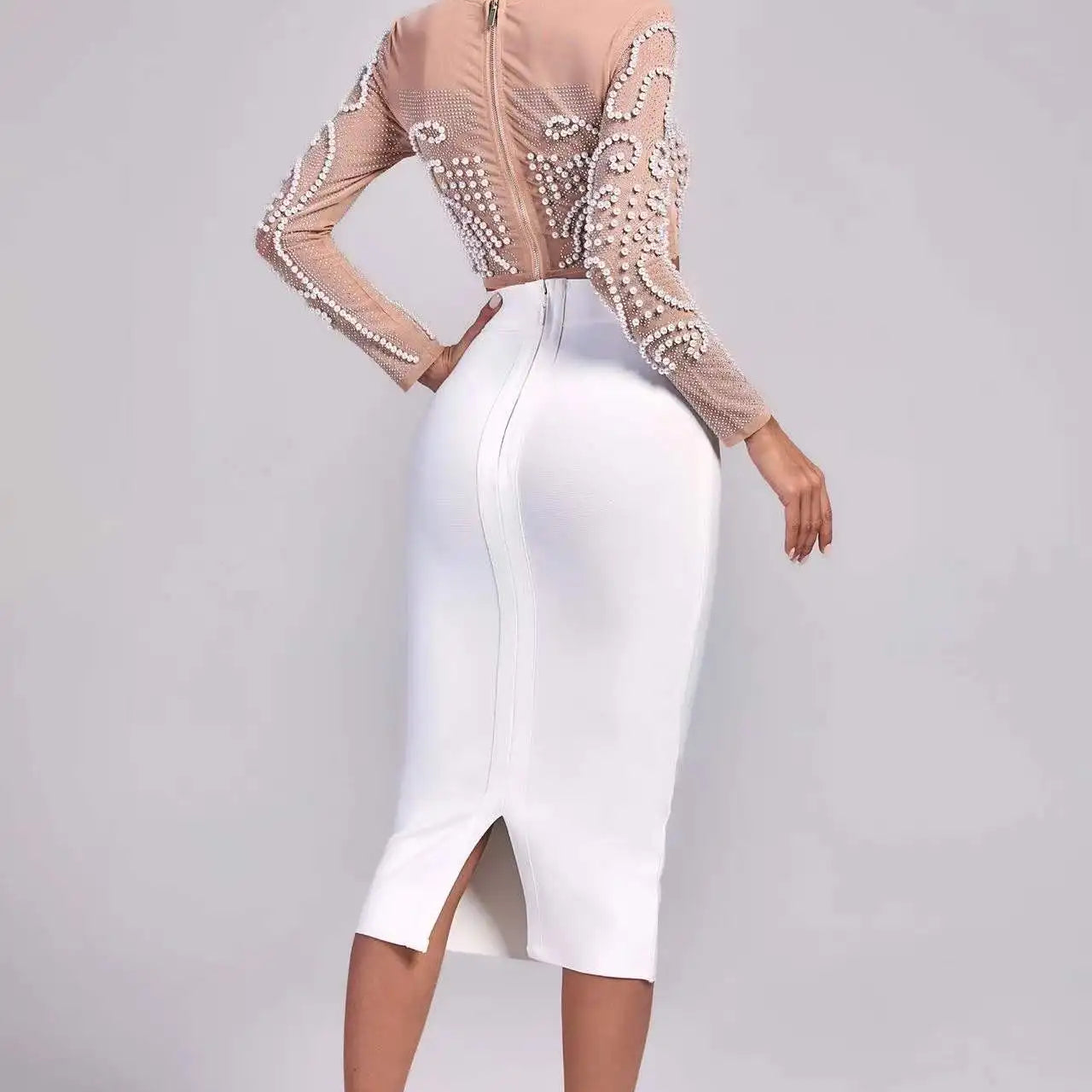 Top Celebrity Black White Two Pieces Set Pearl Beading Hollow Out Rayon Bandage Dress Party Fashion Dress Vestidos