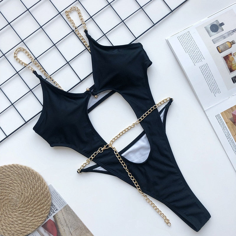 Sexy One Piece Swimwear Swimsuit Hollow Out Bathing Suit Metal Chain Bikini High Cut Thong Women Biquini Swimsuit