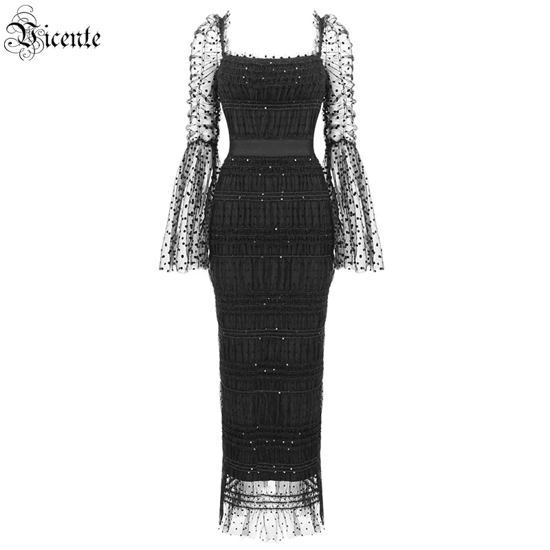 Dress Women Polka Dot Draped Mesh Sequined Mesh Long-sleeved Square Neck Halter Black Mid-length Bandage Midi Dress Gown