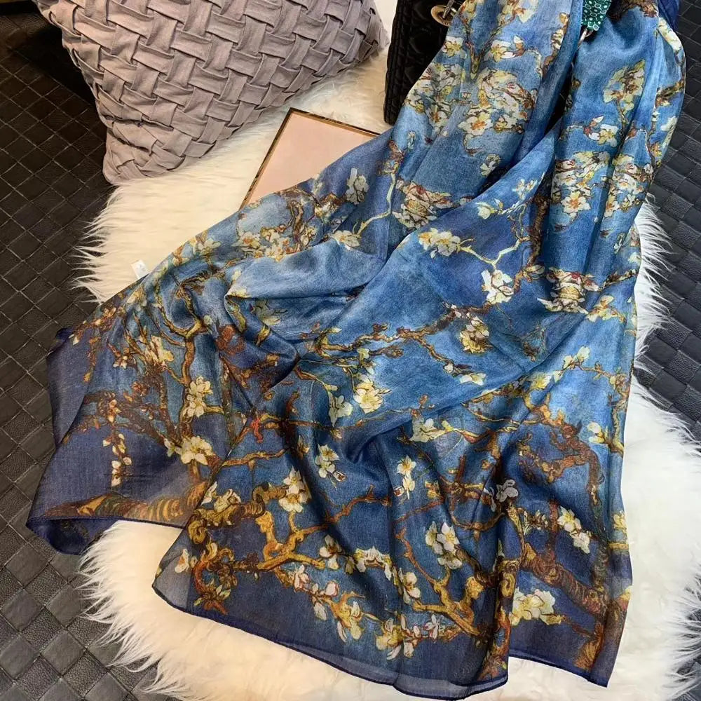[BYSIFA] Ultralarge Spring Autumn Silk Scarf Wraps Brand Female Long Scarf Cape Fashion New Design Lace Pattern Blue Silk Scarf lace navy blue