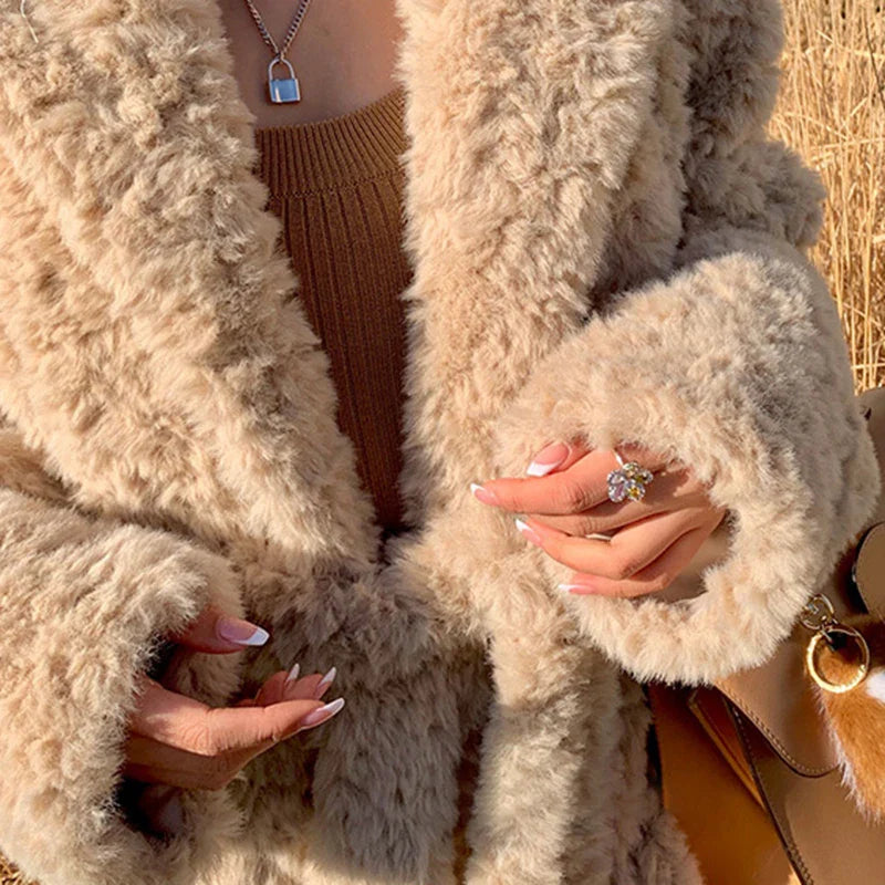 Winter Long Oversized Shaggy Fuzzy Warm Thick Fluffy Faux Fur Coat Women Sashes Lapel Stylish Luxury Korean Fashion 2021