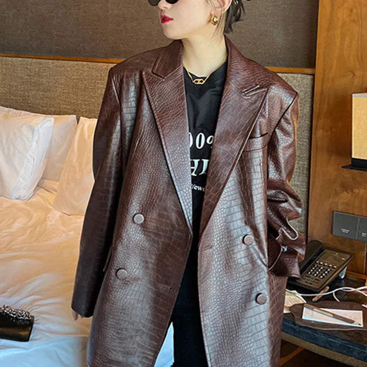 Autumn Oversized Shiny Purple Crocodile Pattern Faux Leather Blazer Women Long Sleeve Double Breasted Y2K Jacket Fashion