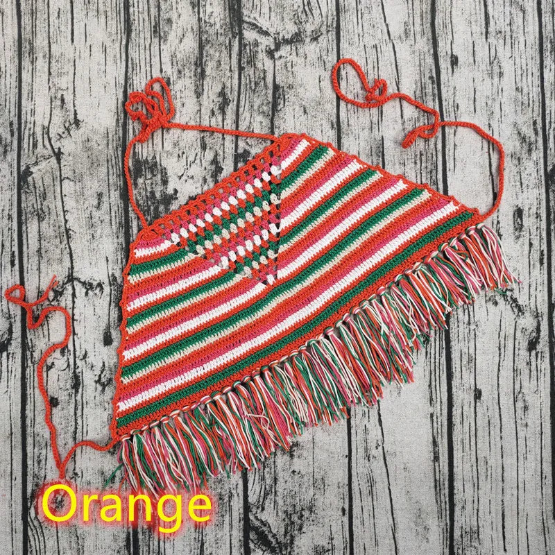Handmade Crochet Colours Stripes in the Holi Top Sexy Bikini Top Beach Women Tassel Swimwear Top Orange