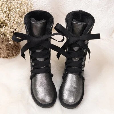 Waterproof High Boots Lace Up 2024 Woman Winter Snow Boots Women's Shoes Thick Plush Genuine Leather Winter Women's Snow Boots black as pic