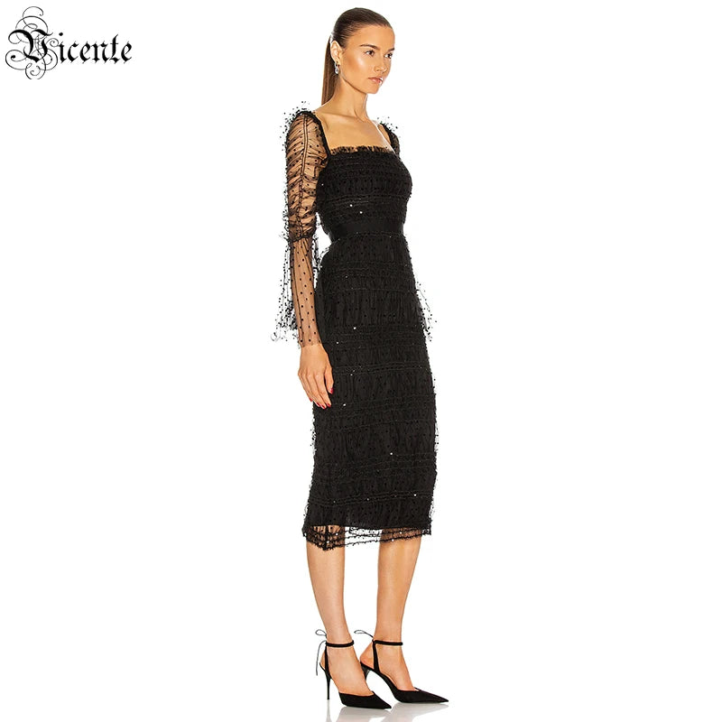 Dress Women Polka Dot Draped Mesh Sequined Mesh Long-sleeved Square Neck Halter Black Mid-length Bandage Midi Dress Gown