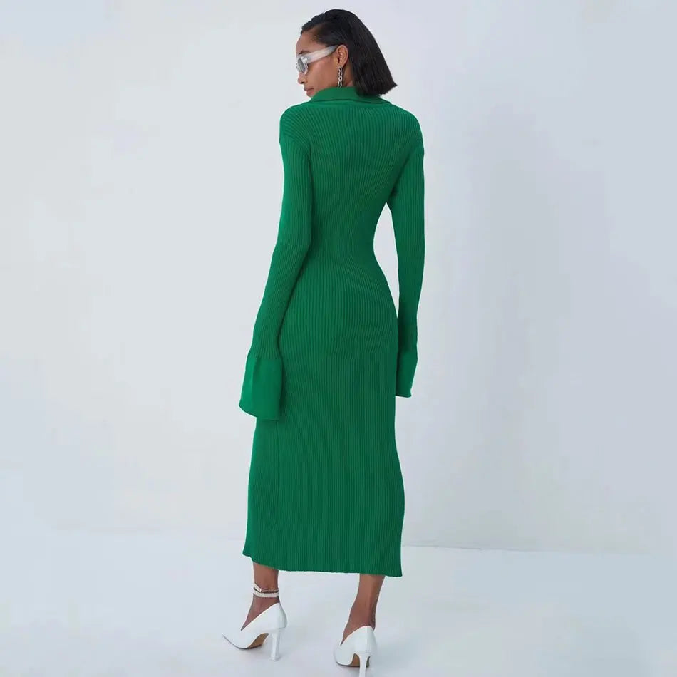 2025 Autumn Bodycon Dress Sweater Knitted Green Women Sexy Midi Split V Neck Long Sleeve Casual Dresses Party Vestidos