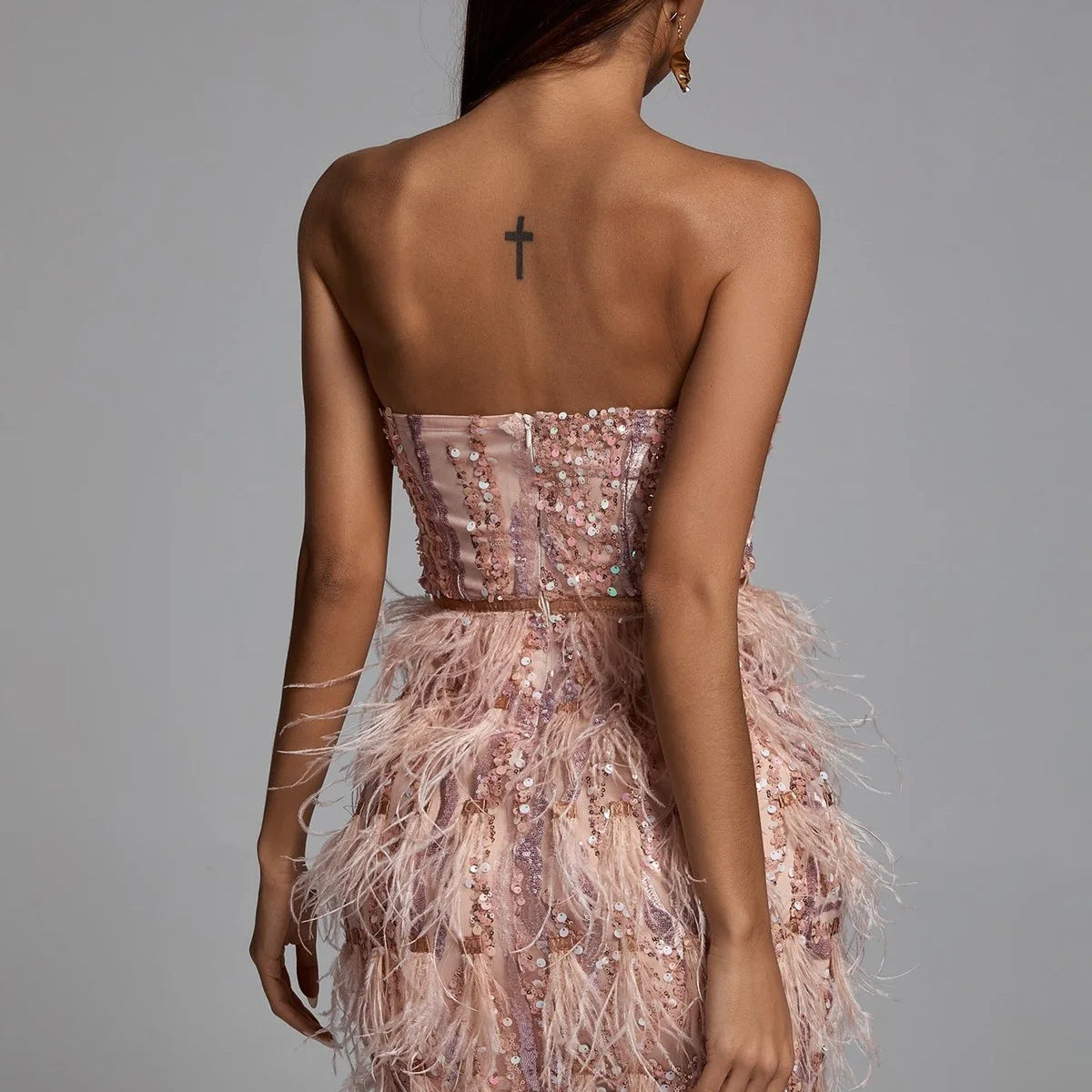 Pink Sequin Feather Mini Dress Fashion Strapless Night Club Party Bodycon Dress Vestidos