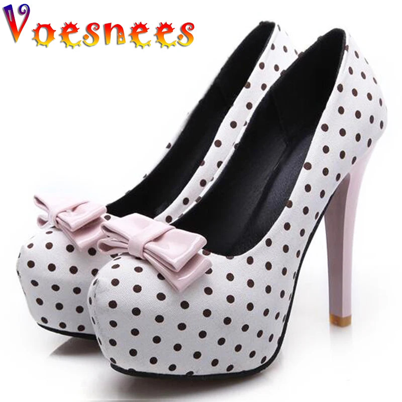 2021 Spring Autumn New Women's Pumps Sweet Bow Polka Dot High-Heeled Single Shoes Round Toe Thin Heels Plus Size Women Shoes