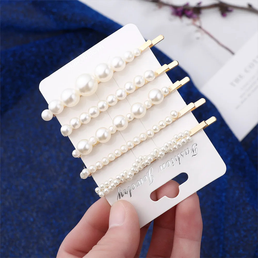 5Pcs/Set Fashion Pearl Hair Clip Snap Button Hair Pins for Women Sweet Pearl Hairpin Hair Clips Jewelry Lady Barrette Stick 5 Gold color