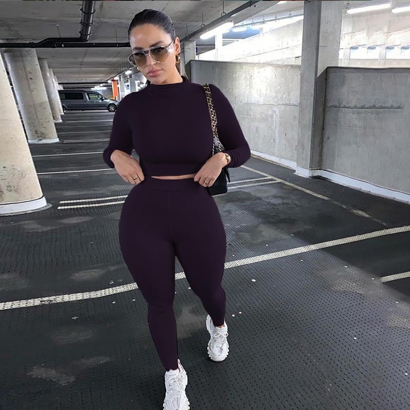 Two Piece Sets Women Solid Autumn Tracksuits High Waist Stretchy Sportswear Hot Crop Tops And Leggings Matching Outfits Purple