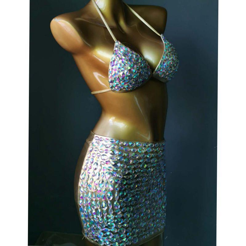 Rhinestone Tassels Women Skirt High-End Customized Diamond Evening Dress Manual Stitched Crystal Party Bikini Set Gold2