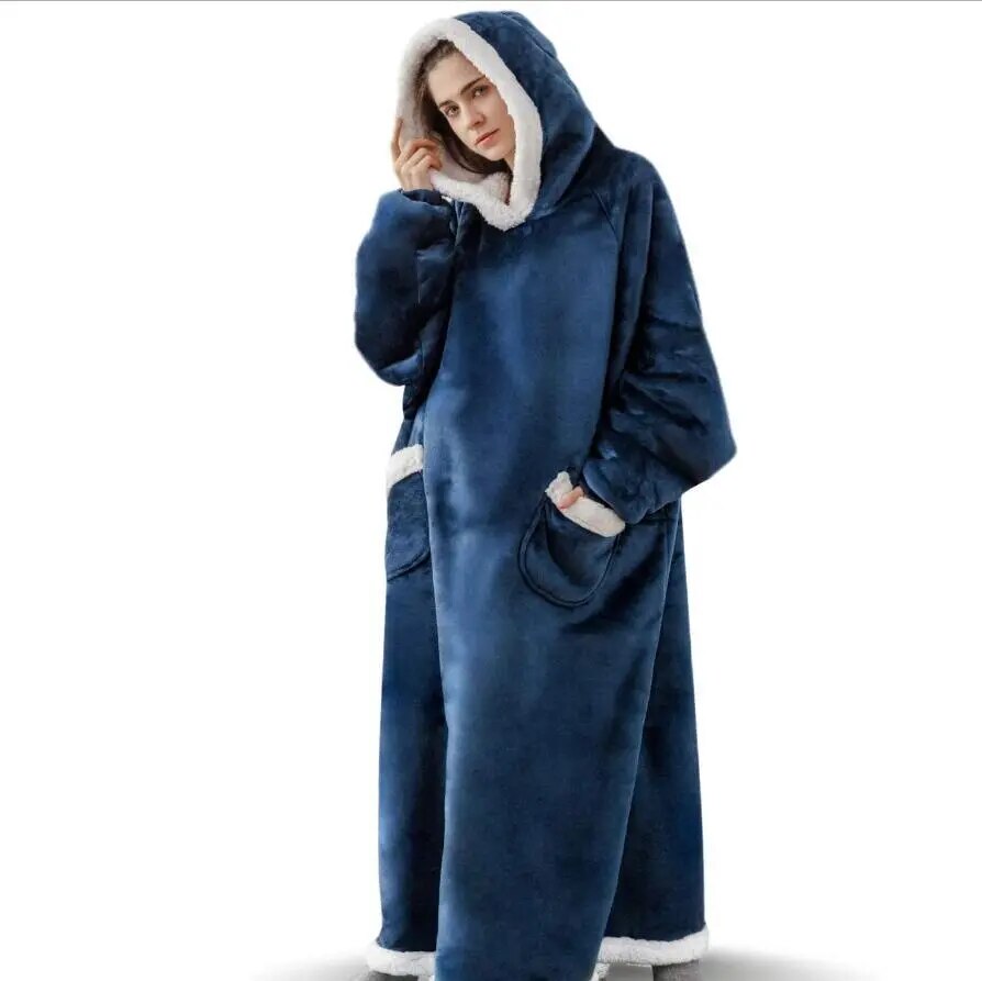 Super Long Flannel Blanket with Sleeves Winter Hoodies Sweatshirt Women Men Pullover Fleece Giant TV Blanket Oversized WF032 dark blue