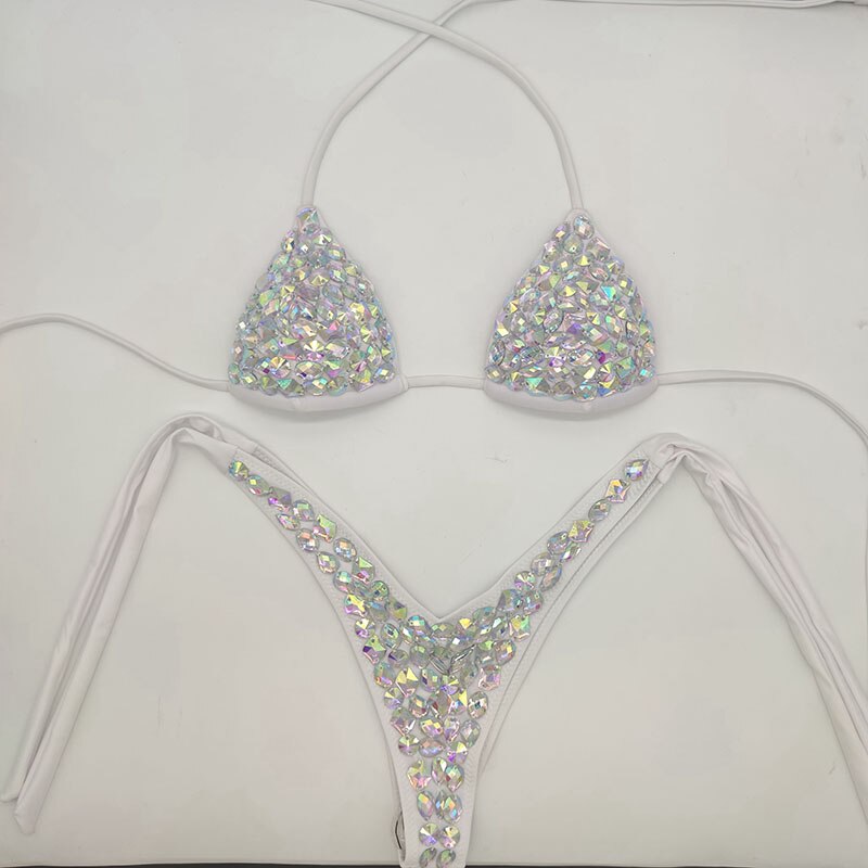 Rhinestone Triangle Bikini Sexy Push Up Women's Swimwear Crystal Diamond Halter Bandage Thong Biquine Swimsuit White