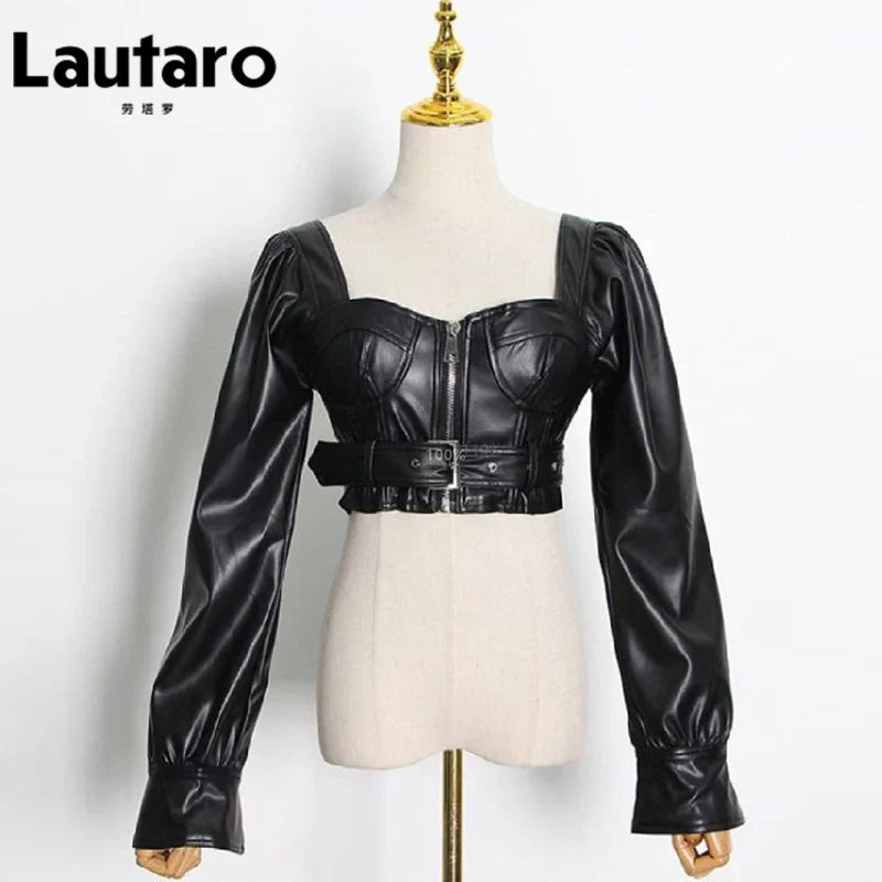 Y2k Black Faux Leather Crop Top Women Square Neck Long Sleeve Zipper Cropped Jacket 2021 Sexy Backless Fashion 5xl 6xl