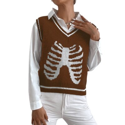 Y2K Oversized Sweater Pullover Ladies Casual Loose Printed Knitted Sweater Retro College Style Halloween Street Fall Winter 2021 20562 Brown