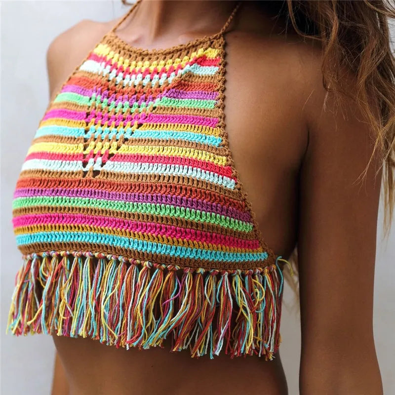 Handmade Crochet Colours Stripes in the Holi Top Sexy Bikini Top Beach Women Tassel Swimwear Top