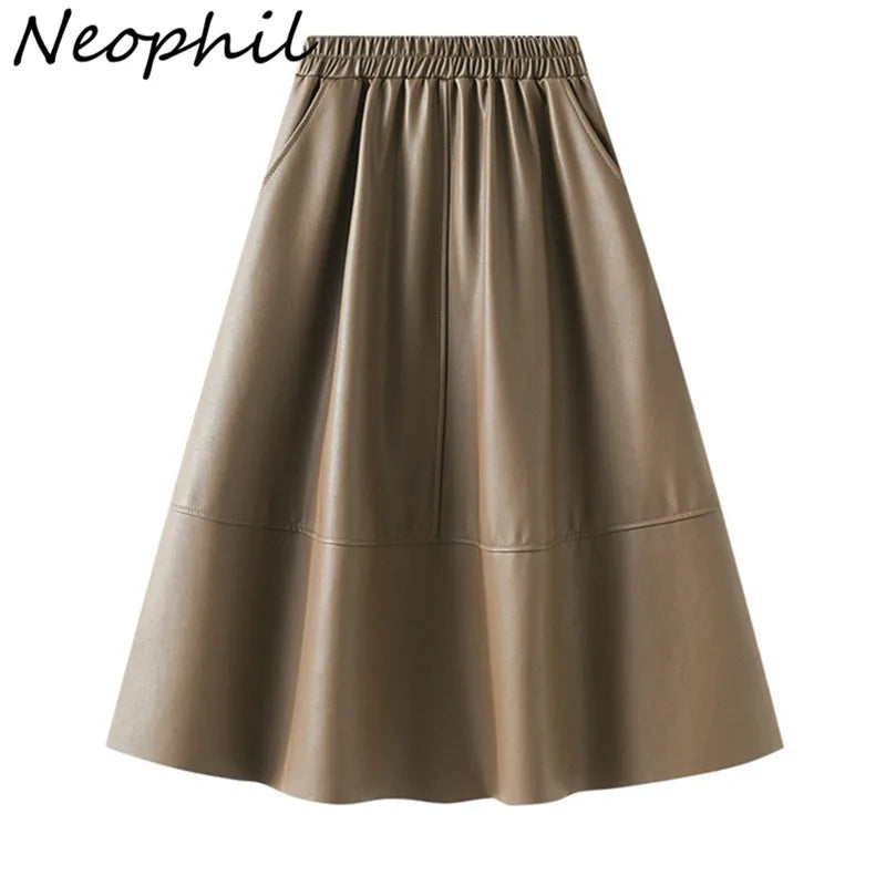 Neophil Korean Style Latex Sarong Women Winter Skirts Solid Retro Pu Faux Leather Umbrella Pockets Gray Midi Skirt S211101