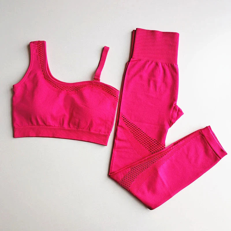 Seamless Yoga Set Sport Outfits Women 2pcs Two Piece Hollow Long Sleeve Crop top Leggings Workout Wear Gym Suit Fitness Sets Pink Bra Set
