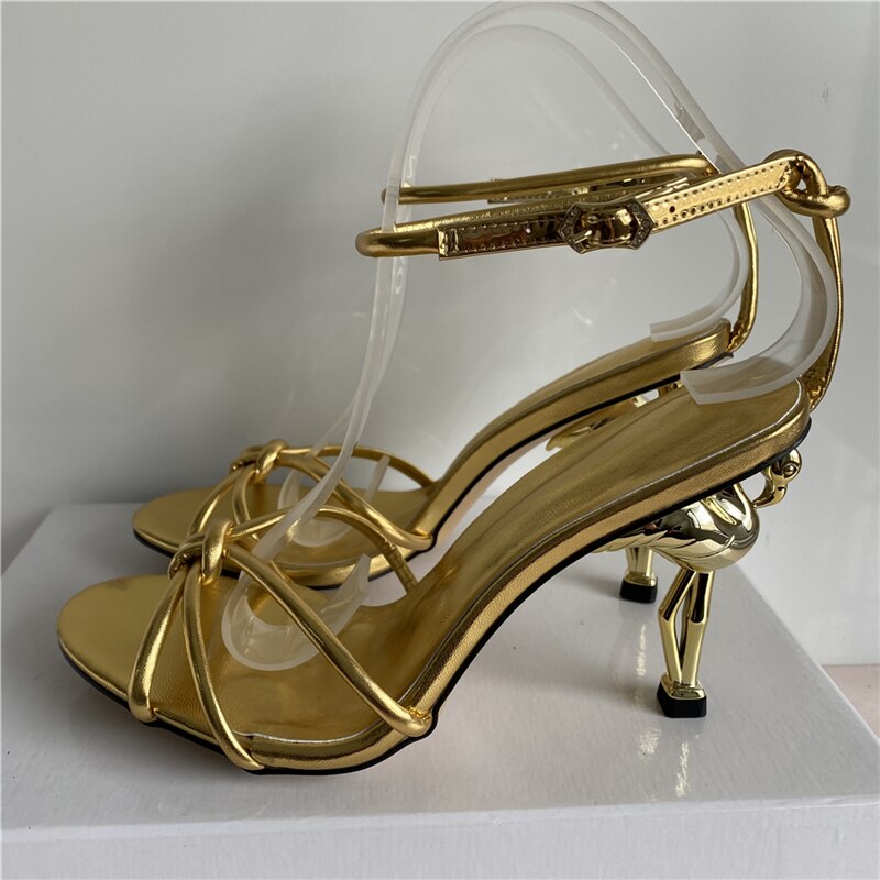 Unique Flamingo Strange High Heel Sandals Women Knitted Narrow Band Ankle Strap - Design Summer Runway Shoes Woman Gold Open Toe