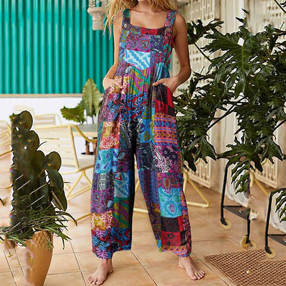 Women Ethnic Style  Jumpsuits Summer Overalls Multicolor  Square Neck Sleeveless Casual Rompers with Pockets for Girls Playsuit