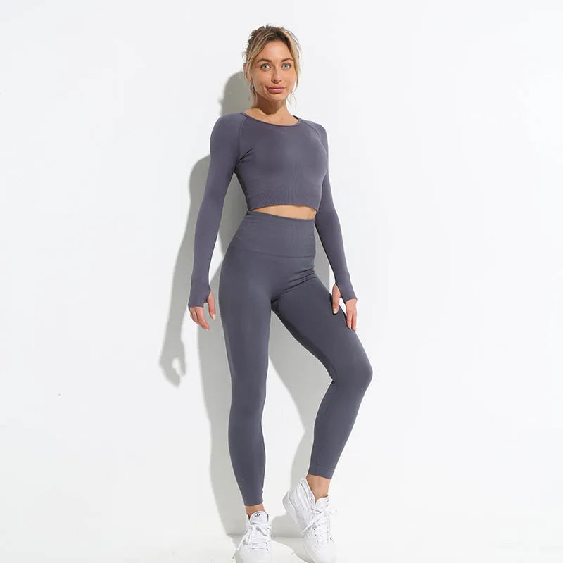 2pcs seamless hyperflex workout sport outfits for women sportswear athletic clothes gym Long Sleeve Crop Top High Waist Leggings Shirts Pants Gray