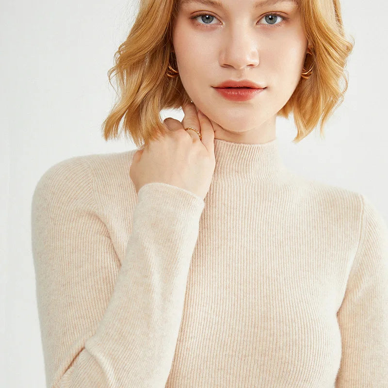 Cashmere sweater women Autumn and winter Half turtleneck cashmere jumpers knit female long sleeve Slim pullover Beige