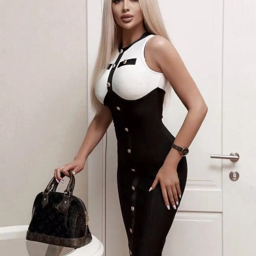 2024 New Black White Button Beading Bodycon Two Pieces Rayon Bandage Dress Set Elegant Evening Party Set