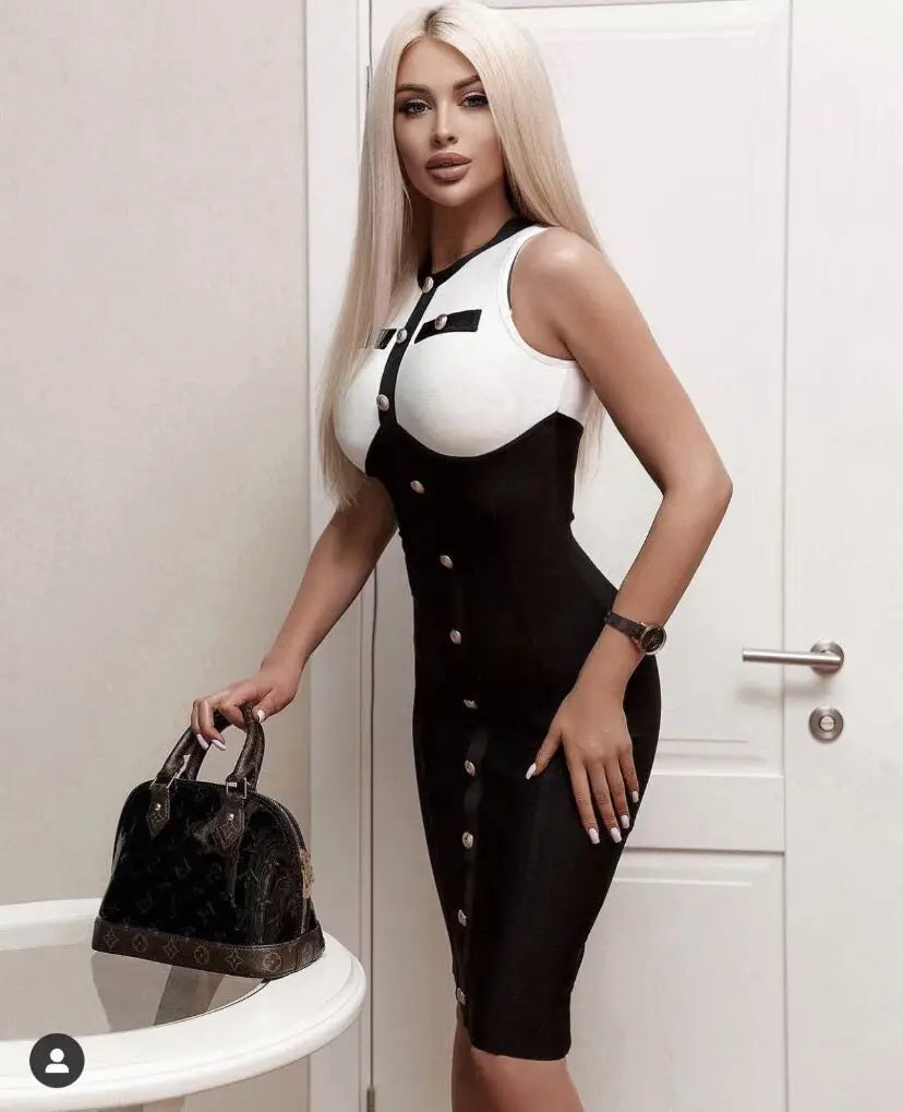 2024 New Black White Button Beading Bodycon Two Pieces Rayon Bandage Dress Set Elegant Evening Party Set