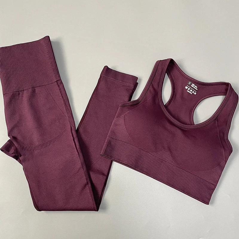 2/3/4PCS Seamless Women Yoga Set Workout Sportswear Gym Clothes Fitness Long Sleeve Crop Top High Waist Leggings Sports Suit Bra Pants PurpleRed