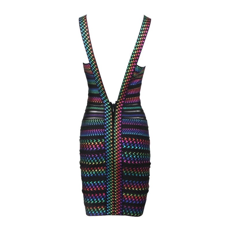 Celebrity Colorful Striped Foiling Print Rayon Bandage Dress Bodycon Evening Party Dress